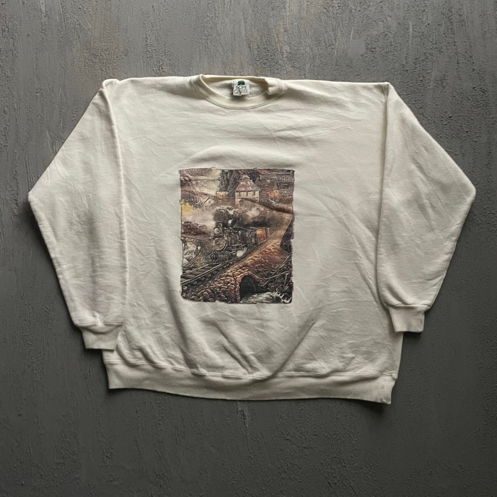 Vintage Train Steam Engine Graphic Sweatshirt Mens XXL Cream 90s Sope Creek